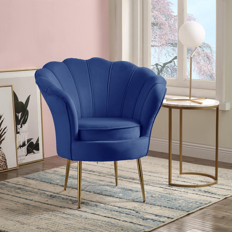 Angelina Blue Velvet Scalloped Back Barrel Accent Chair with Metal Legs. Picture 4