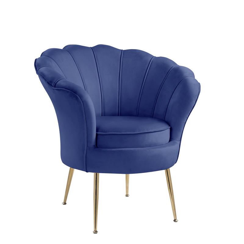 Angelina Blue Velvet Scalloped Back Barrel Accent Chair with Metal Legs. Picture 1