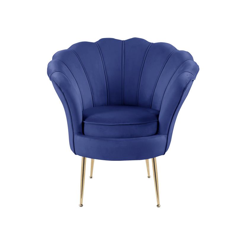 Angelina Blue Velvet Scalloped Back Barrel Accent Chair with Metal Legs. Picture 2