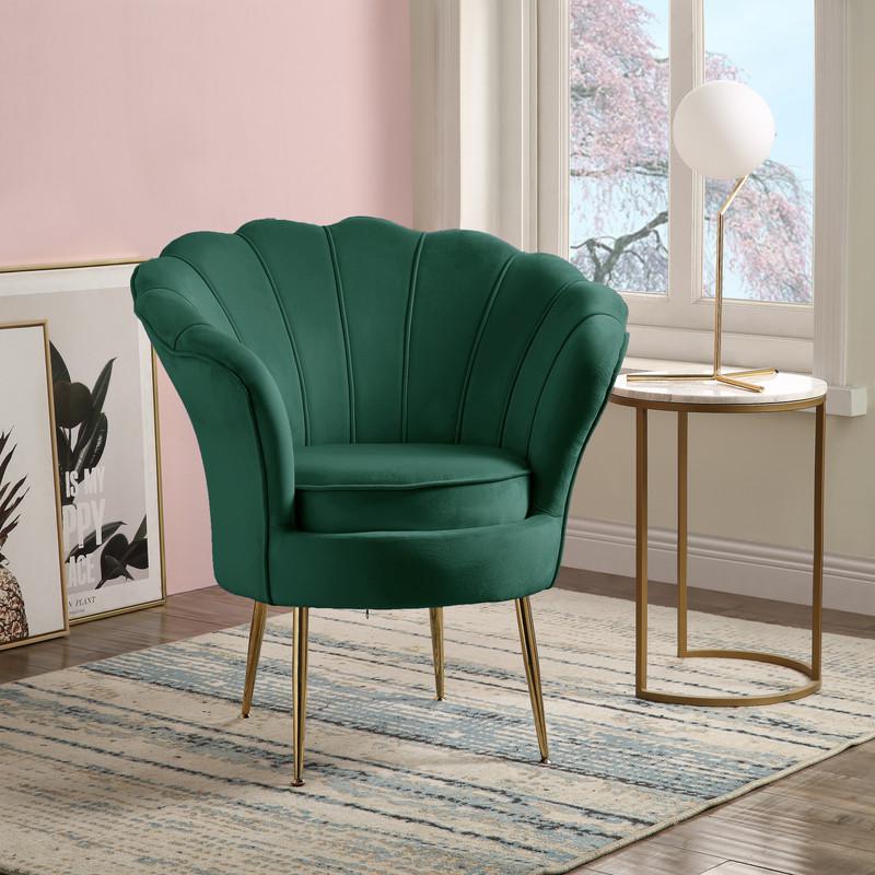 Angelina Green Velvet Scalloped Back Barrel Accent Chair with Metal Legs. Picture 2