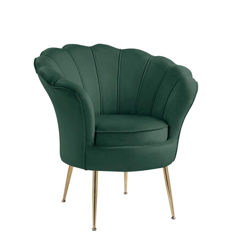 Angelina Green Velvet Scalloped Back Barrel Accent Chair with Metal Legs. Picture 1