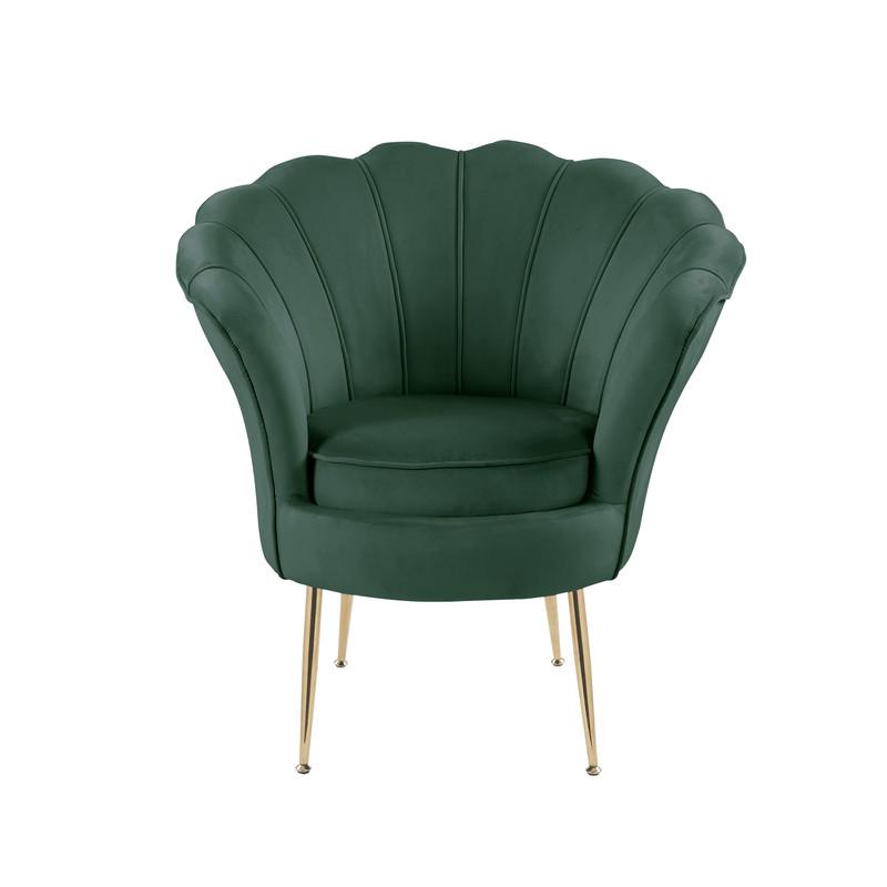 Angelina Green Velvet Scalloped Back Barrel Accent Chair with Metal Legs. Picture 3
