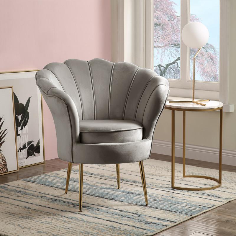 Angelina Gray Velvet Scalloped Back Barrel Accent Chair with Metal Legs. Picture 4