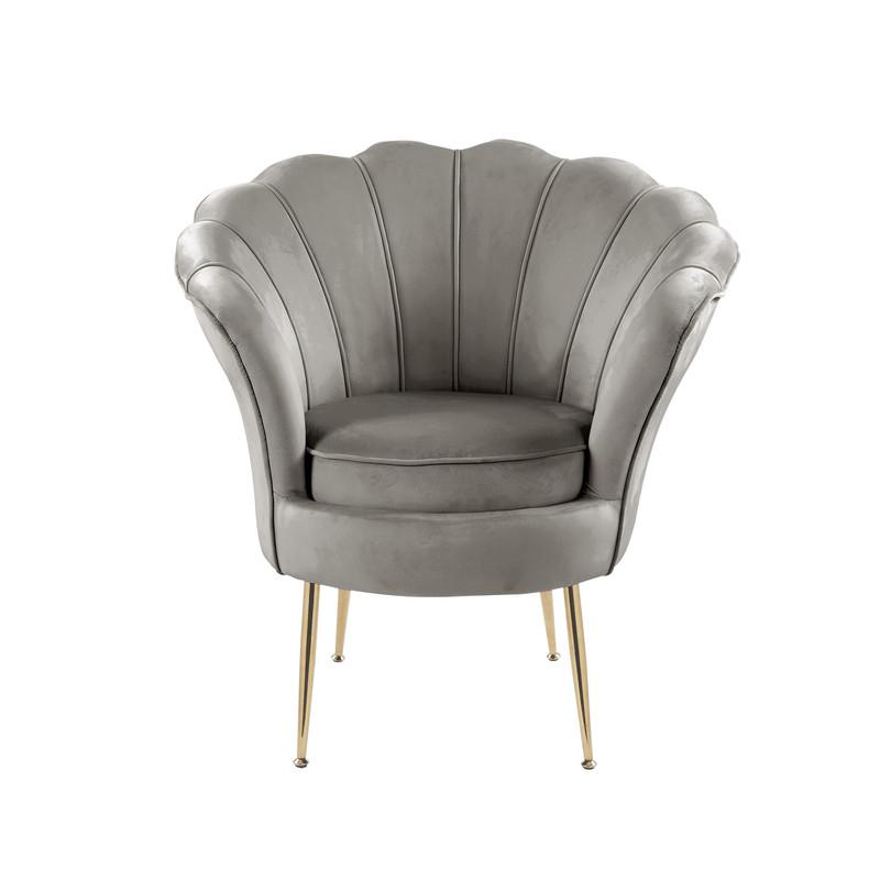 Angelina Gray Velvet Scalloped Back Barrel Accent Chair with Metal Legs. Picture 2