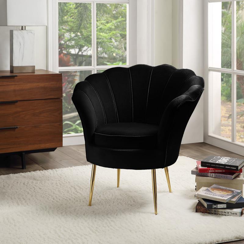 Angelina Black Velvet Scalloped Back Barrel Accent Chair with Metal Legs. Picture 2