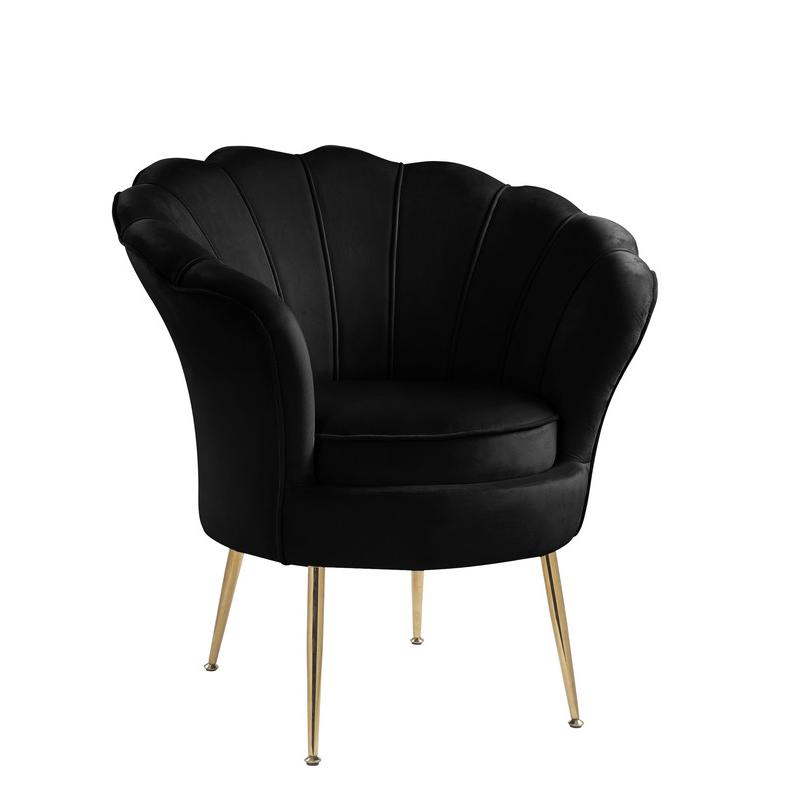 Angelina Black Velvet Scalloped Back Barrel Accent Chair with Metal Legs. Picture 1