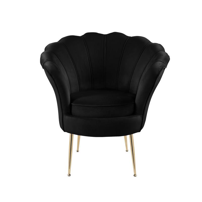Angelina Black Velvet Scalloped Back Barrel Accent Chair with Metal Legs. Picture 3