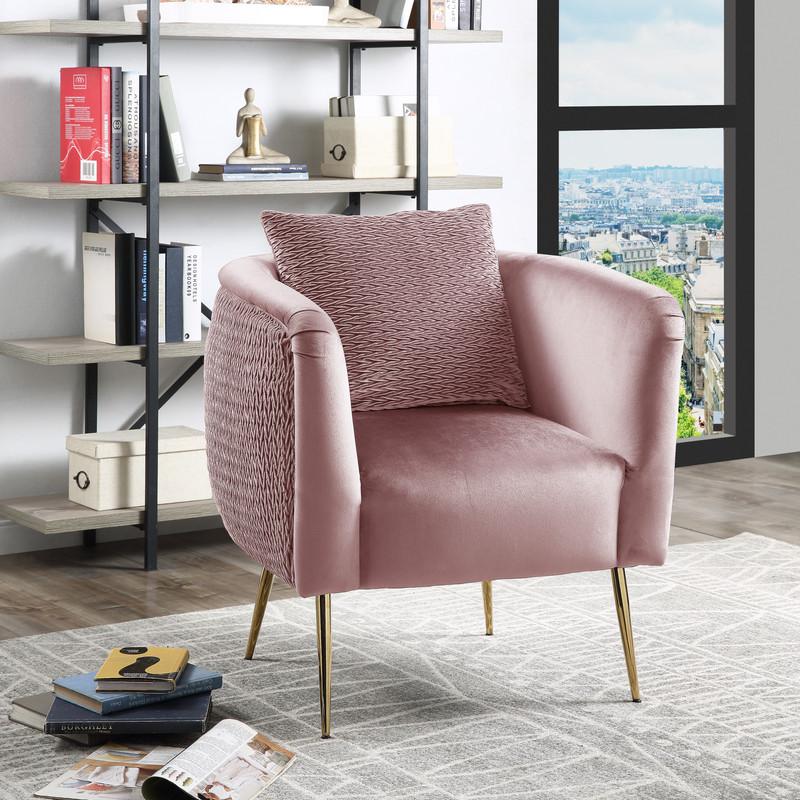 Natalie Blush Pink Velvet Barrel Accent Chair with Metal Legs. Picture 2