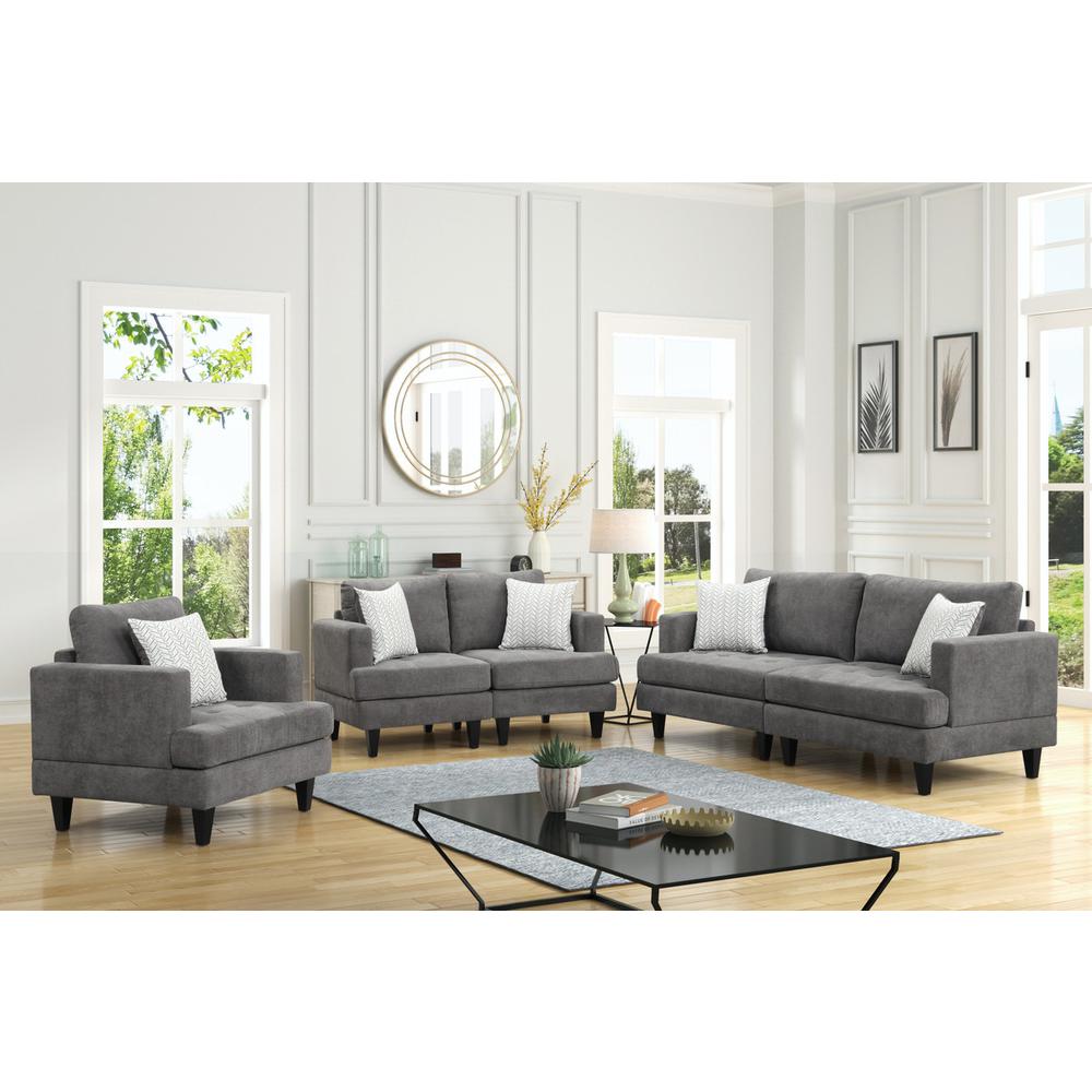 Callaway Gray Chenille Sofa Loveseat Chair Living Room Set with Throw Pillows. Picture 8