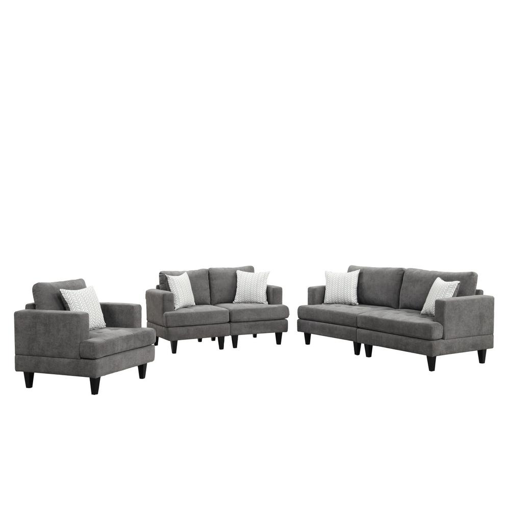 Callaway Gray Chenille Sofa Loveseat Chair Living Room Set with Throw Pillows. Picture 1