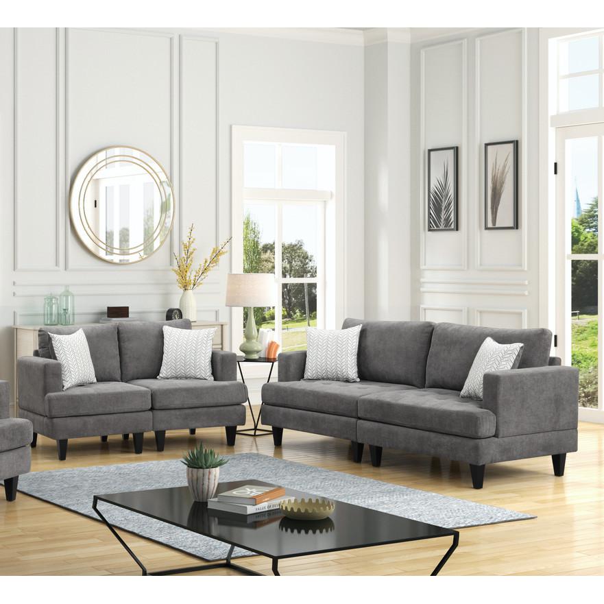 Callaway Gray Chenille Sofa Loveseat Living Room Set with Throw Pillows. Picture 4