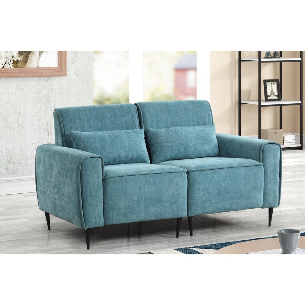 Valentina Blue Chenille Loveseat with Metal Legs and Throw Pillows. Picture 4