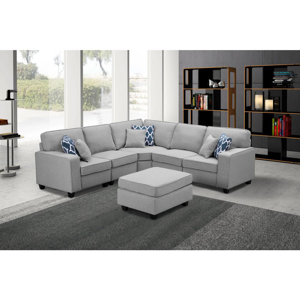 LILOLA Sonoma 6Pc Modular Sectional Sofa with Ottoman in Light Gray Linen. Picture 7