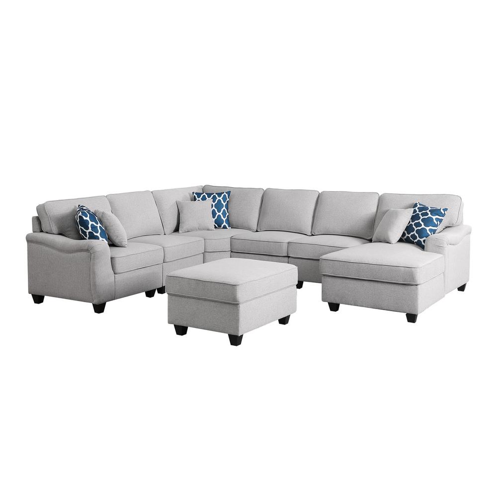 Leo Light Gray Linen 7Pc Modular L-Shape Sectional Sofa Chaise and Ottoman. Picture 2