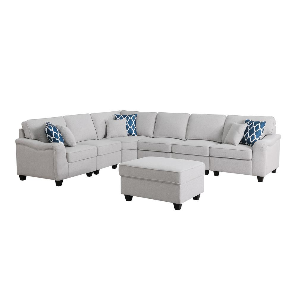 Leo Light Gray Linen 7Pc Modular L-Shape Sectional Sofa and Ottoman. Picture 2