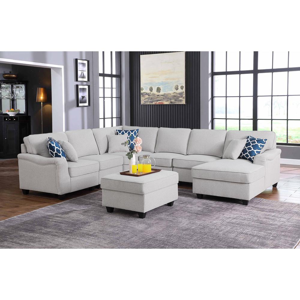 Leo Light Gray Linen 7Pc Modular L-Shape Sectional Sofa Chaise and Ottoman. The main picture.