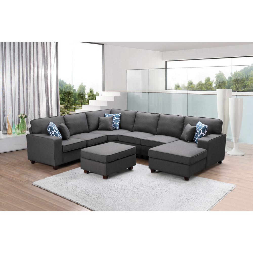 Willowleaf Dark Gray Linen 7Pc Modular Sectional Sofa Chaise and Ottoman. The main picture.