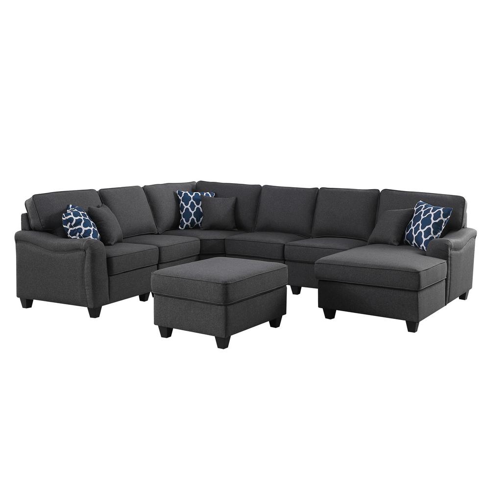 Leo Dark Gray Linen 7Pc Modular L-Shape Sectional Sofa Chaise and Ottoman. Picture 2