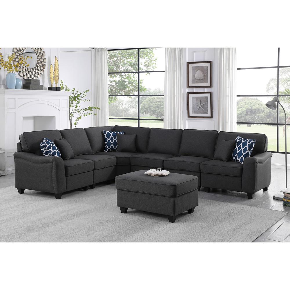 Leo Dark Gray Linen 7Pc Modular L-Shape Sectional Sofa and Ottoman. The main picture.