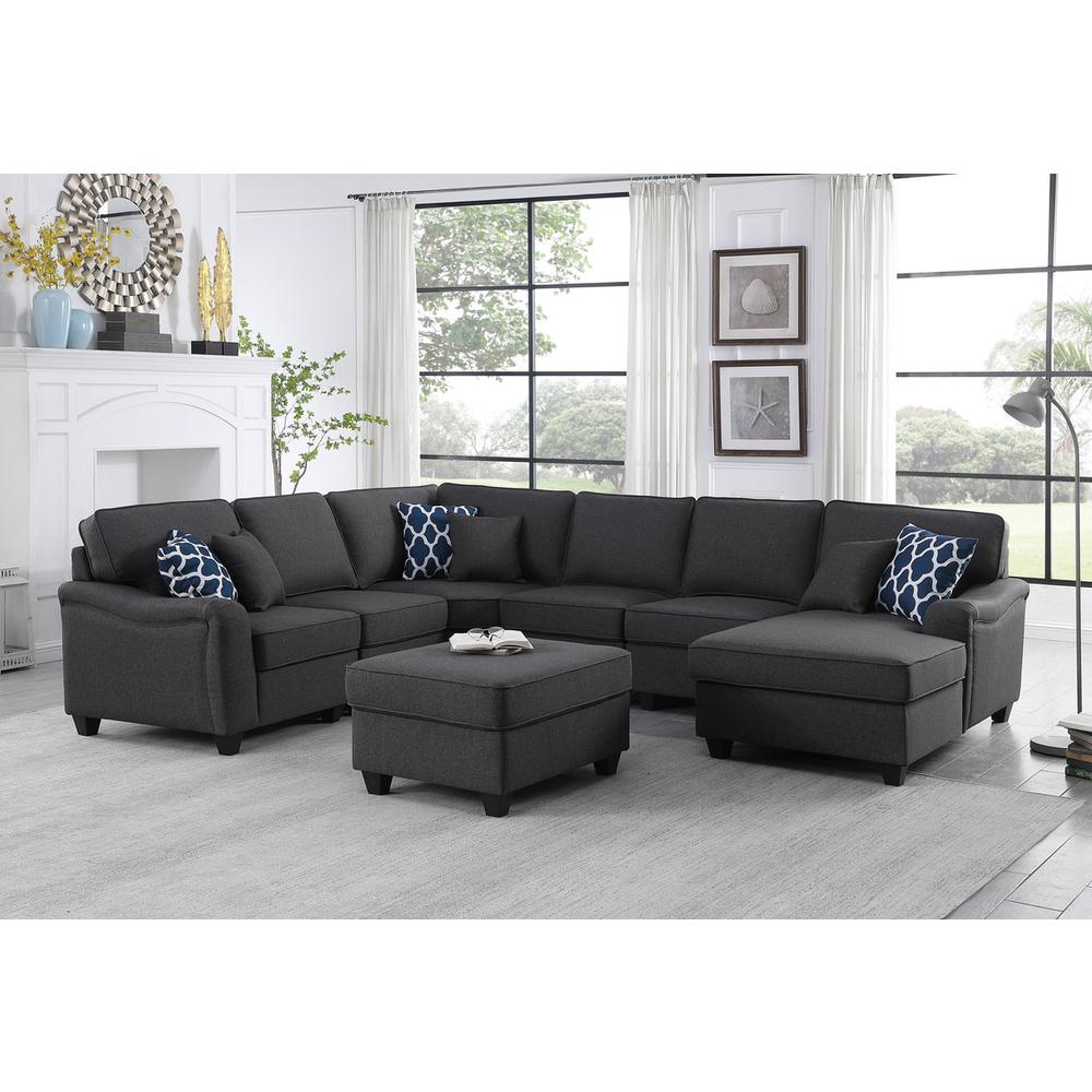 Leo Dark Gray Linen 7Pc Modular L-Shape Sectional Sofa Chaise and Ottoman. Picture 1
