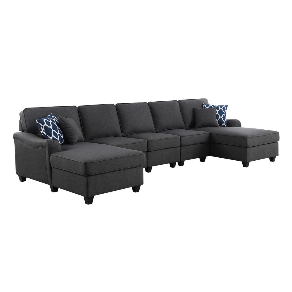 Leo Dark Gray Linen Double Chaise 5Pc Modular Sectional Sofa. Picture 2