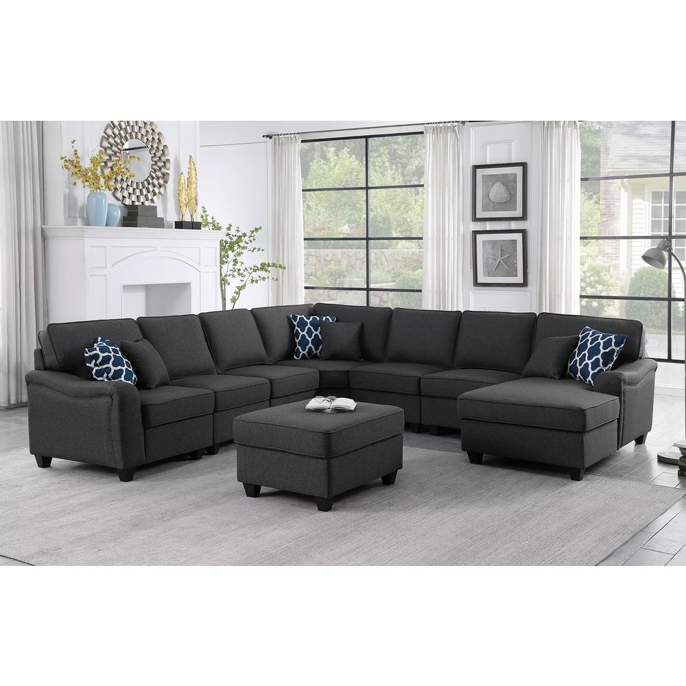 Leo Dark Gray Linen 8Pc Modular L-Shape Sectional Sofa Chaise and Ottoman. Picture 1