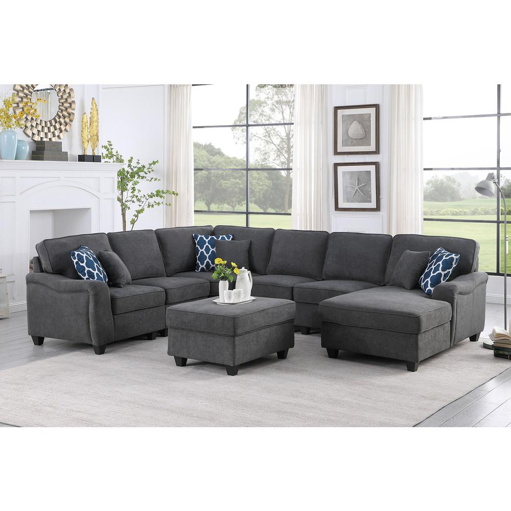 Leo Dark Gray Woven 7Pc Modular L-Shape Sectional Sofa Chaise and Ottoman. Picture 1