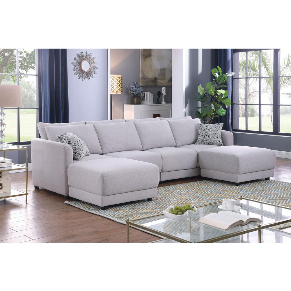 Penelope Light Gray Linen Fabric 4-Seater Sofa with 2 Ottoman and Pillows. Picture 3