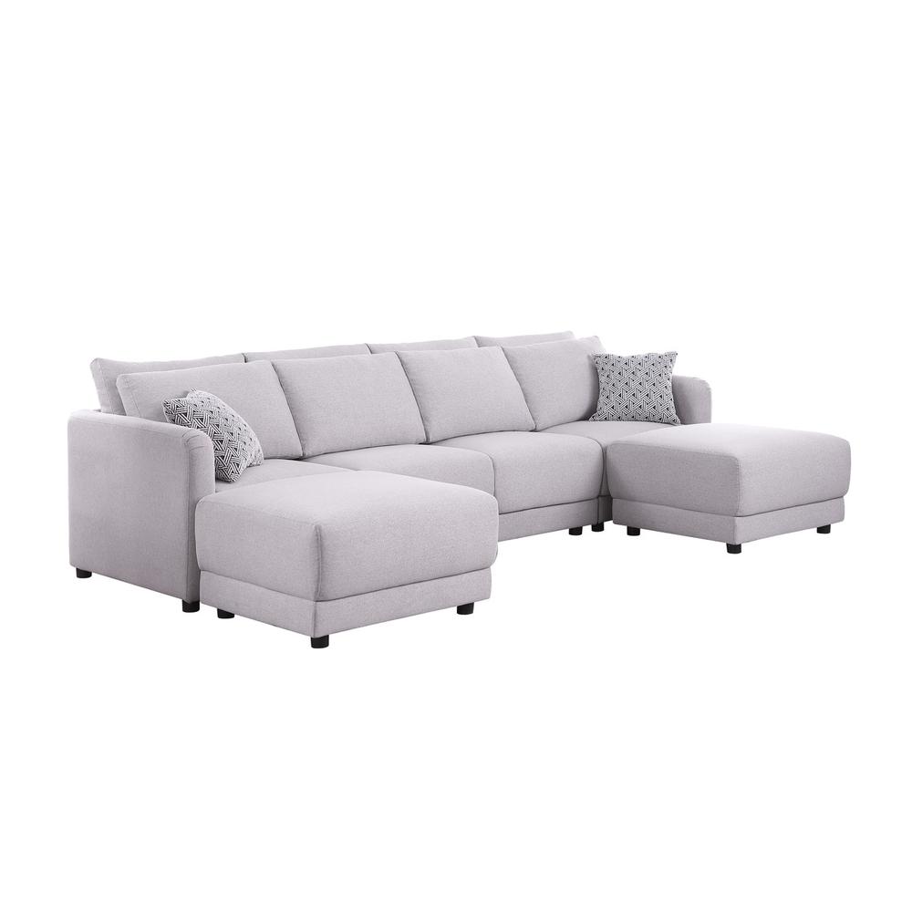 Penelope Light Gray Linen Fabric 4-Seater Sofa with 2 Ottoman and Pillows. Picture 1