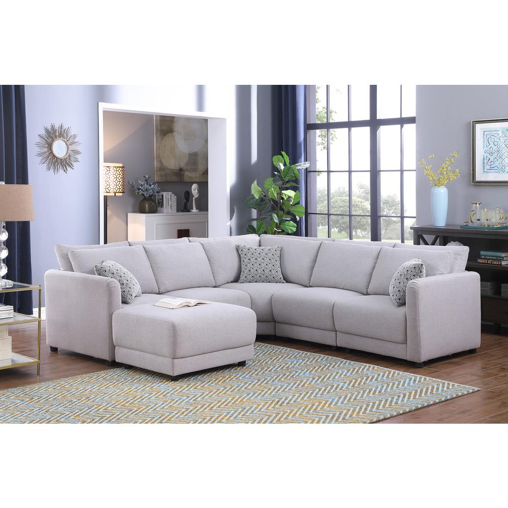 Penelope Light-Gray Linen Fabric Reversible L-Shape Sectional Sofa with Ottoman and Pillows. Picture 5