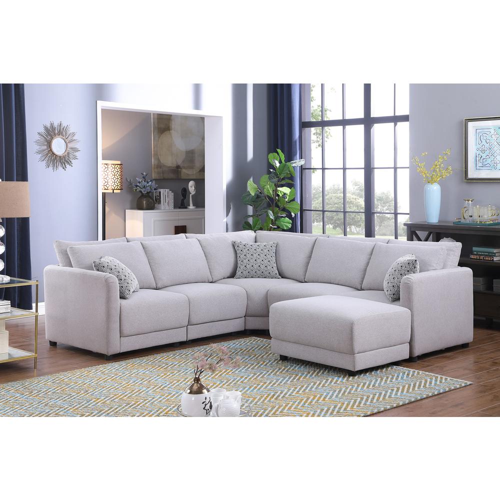 Penelope Light Gray Linen Fabric Reversible L-Shape Sectional Sofa with Ottoman and Pillows. Picture 5