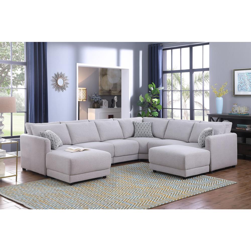 Penelope Light Gray Linen Fabric Reversible 8PC Modular Sectional Sofa with Ottomans and Pillows. Picture 3