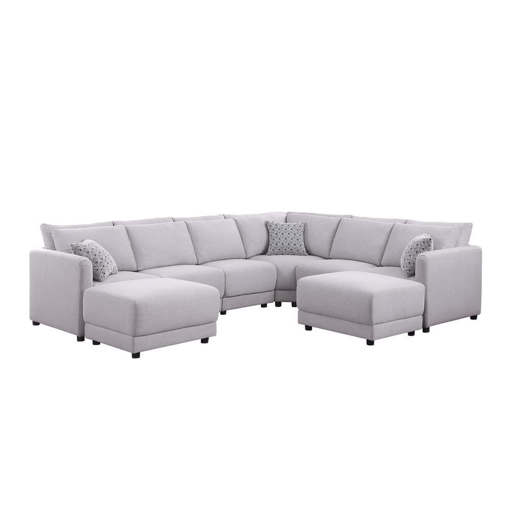 Penelope Light Gray Linen Fabric Reversible 8PC Modular Sectional Sofa with Ottomans and Pillows. Picture 1