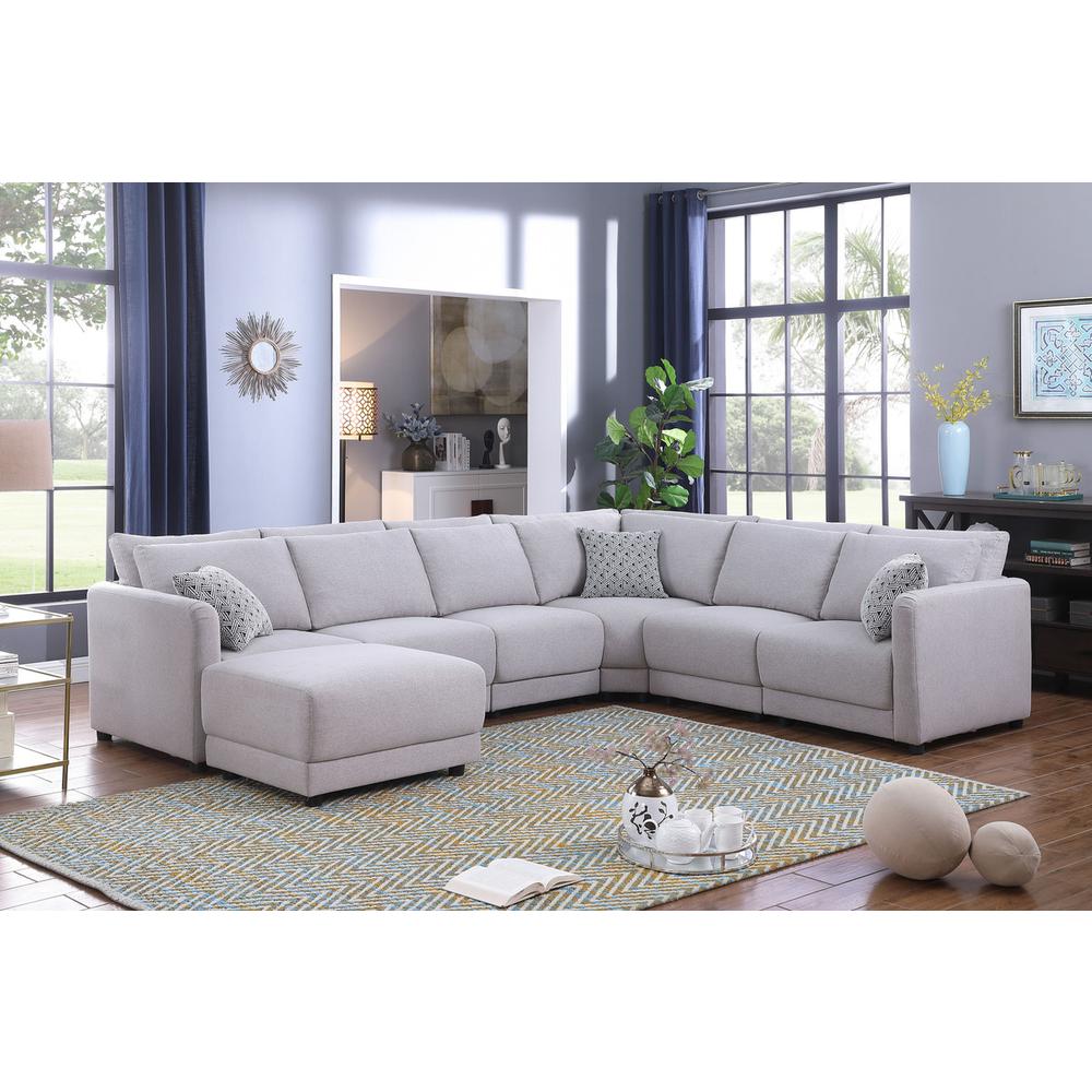 Penelope Light Gray Linen Fabric Reversible 7PC Modular Sectional Sofa with Ottoman & Pillows. Picture 6