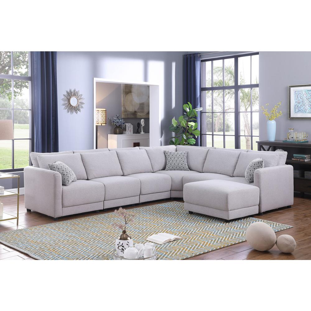 Penelope Light Gray Linen Fabric Reversible 7 PC Modular Sectional Sofa with Ottoman and Pillows. Picture 6