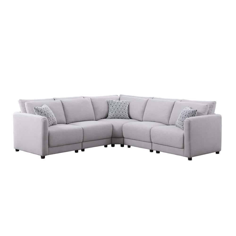 Penelope Light Gray Linen Fabric Reversible L-Shape Sectional Sofa with Pillows. The main picture.
