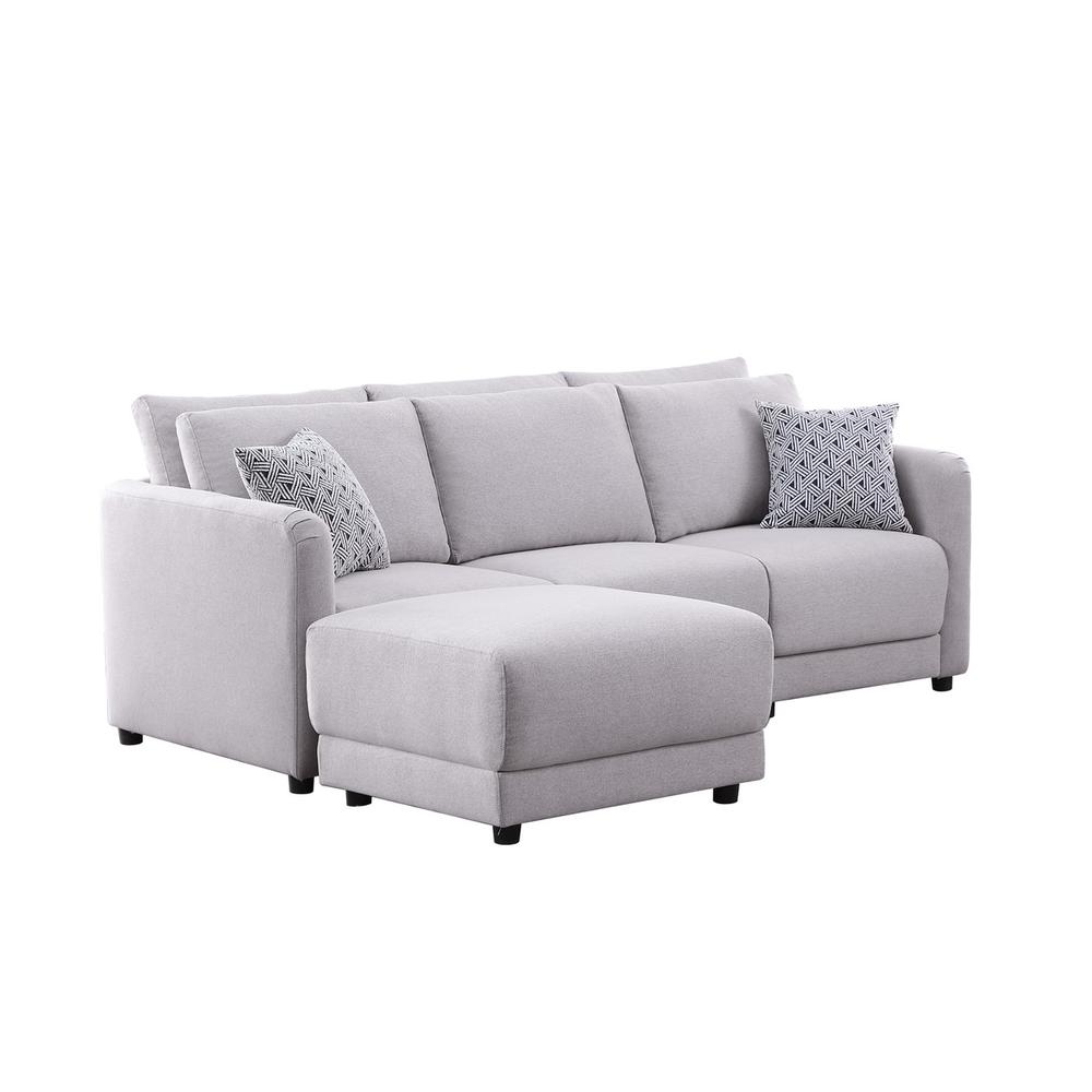 Penelope Light-Gray Linen Fabric Sofa with Ottoman and Pillows. Picture 1