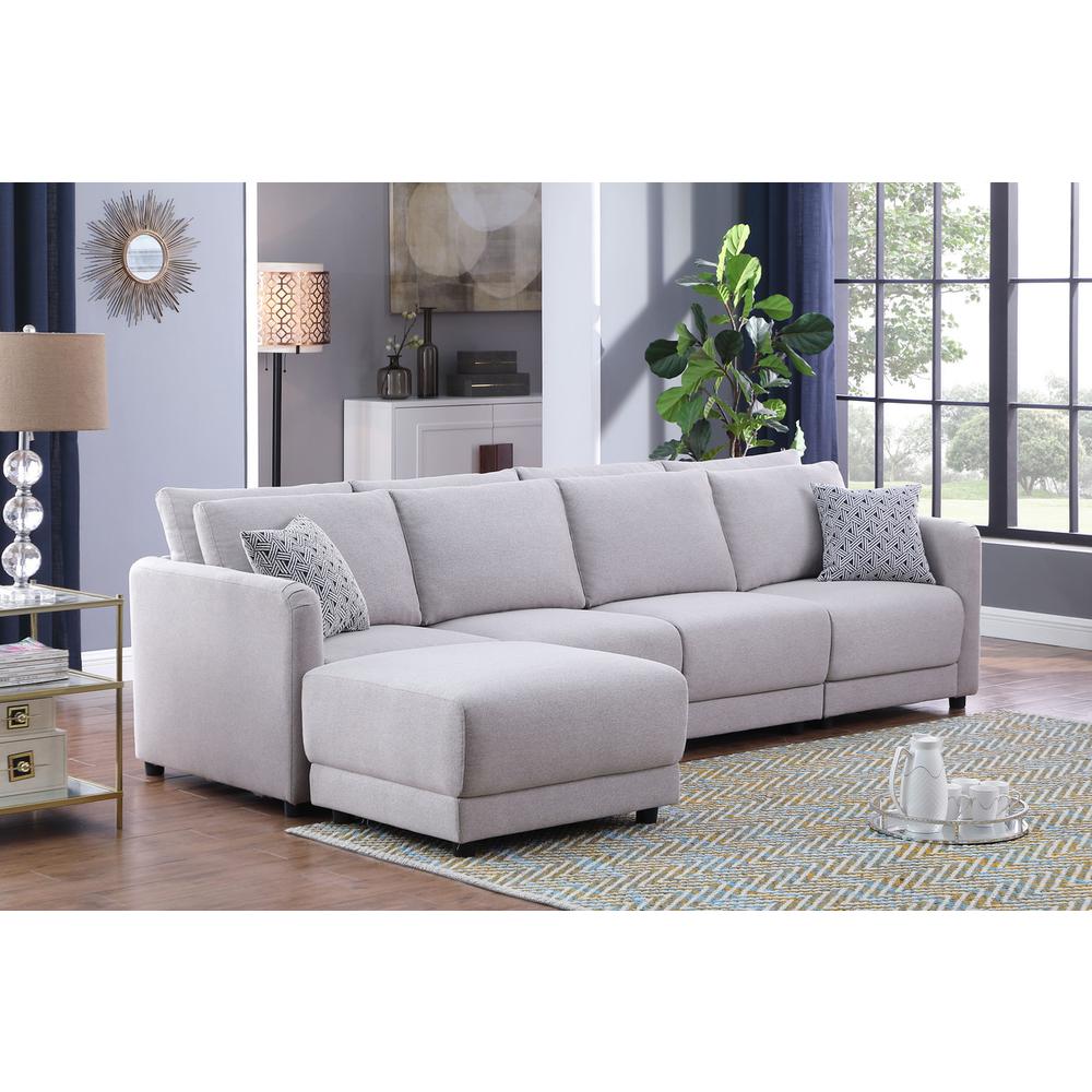 Penelope Light Gray-Linen Fabric 4-Seater Sofa with Ottoman and Pillows. Picture 5