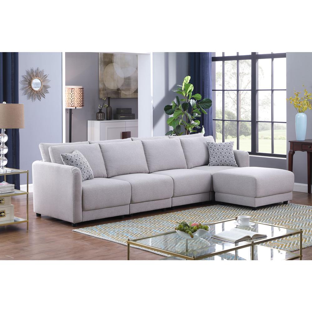 Penelope Light Gray Linen Fabric 4-Seater Sofa with Ottoman and Pillows. Picture 5