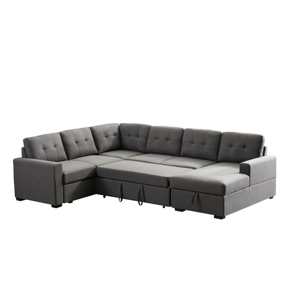 Selene Dark Gray Linen Fabric Sleeper Sectional Sofa with Storage Chaise. Picture 5