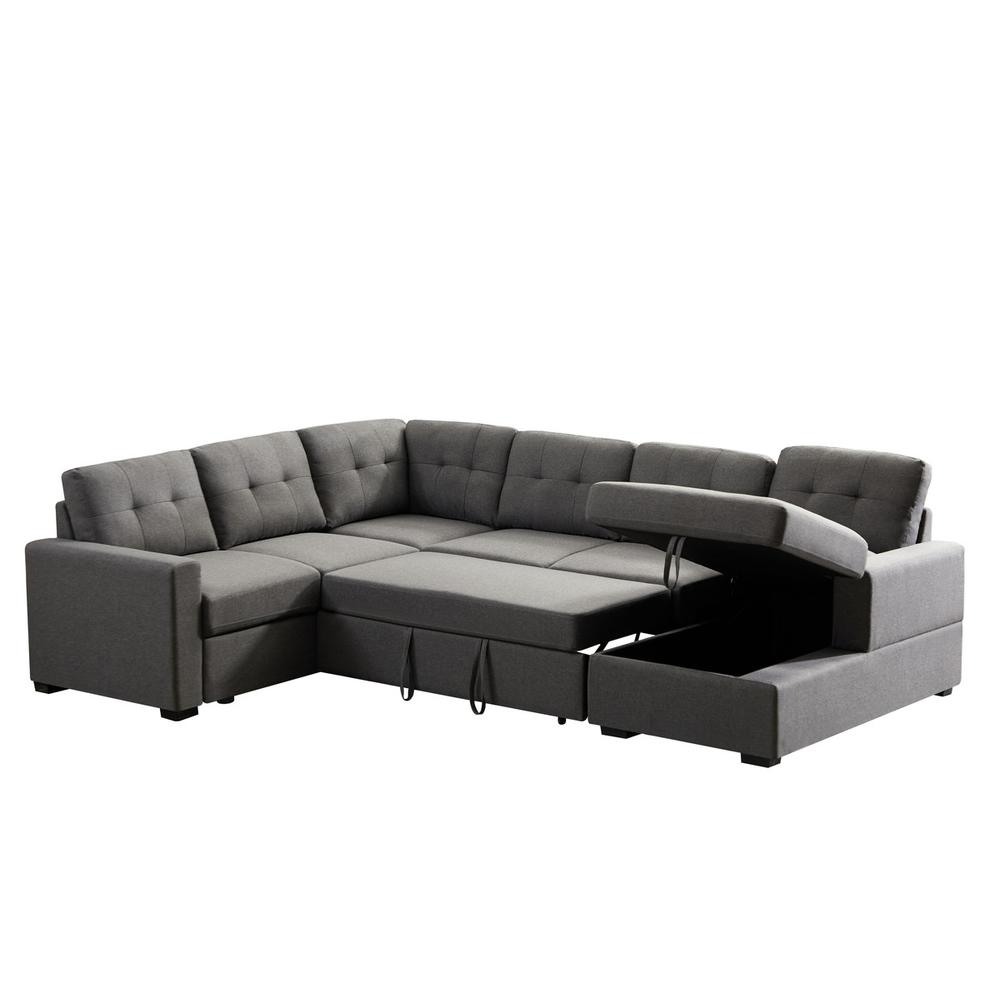Selene Dark Gray Linen Fabric Sleeper Sectional Sofa with Storage Chaise. Picture 6