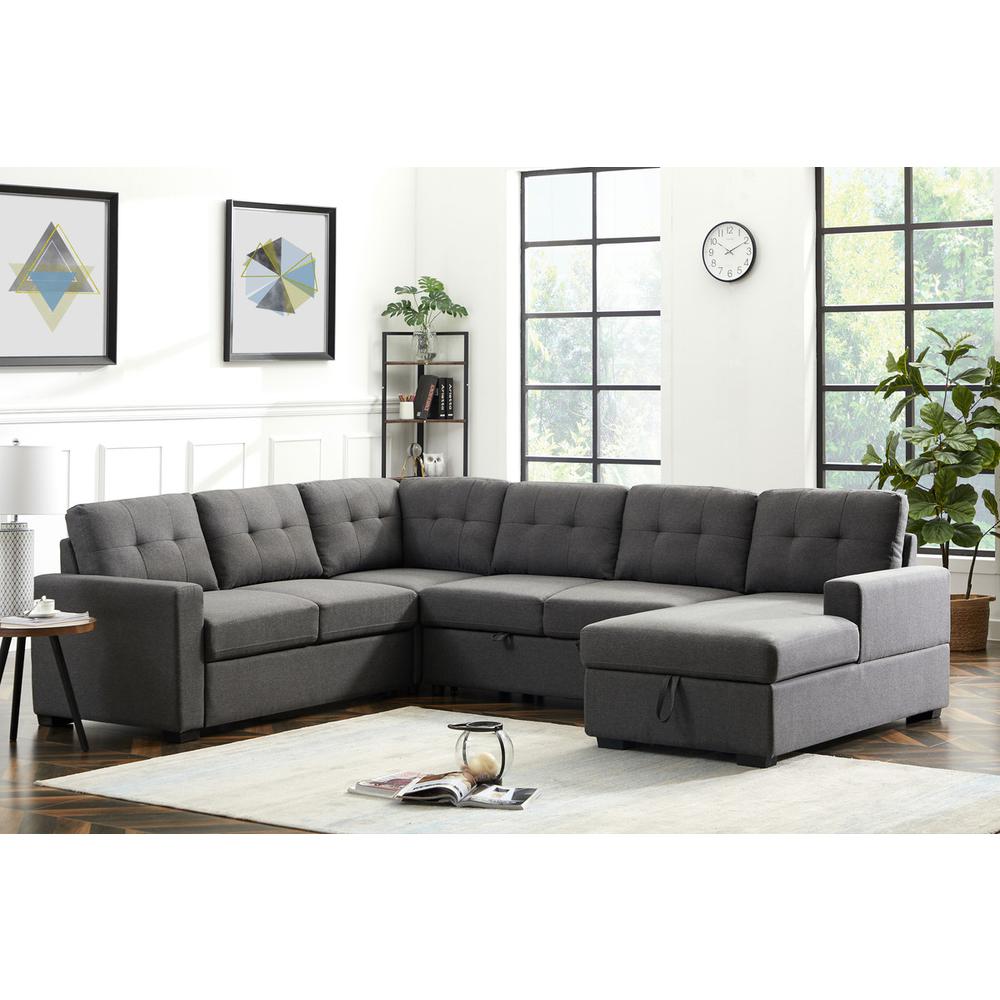 Selene Dark Gray Linen Fabric Sleeper Sectional Sofa with Storage Chaise. Picture 4