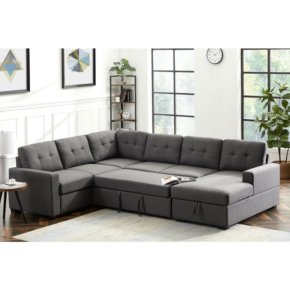 Selene Dark Gray Linen Fabric Sleeper Sectional Sofa with Storage Chaise. Picture 2