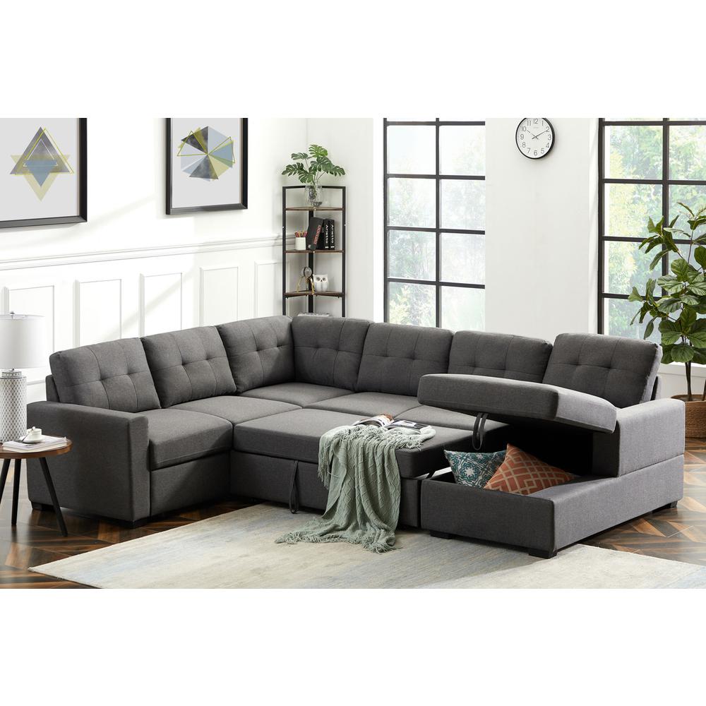 Selene Dark Gray Linen Fabric Sleeper Sectional Sofa with Storage Chaise. Picture 3