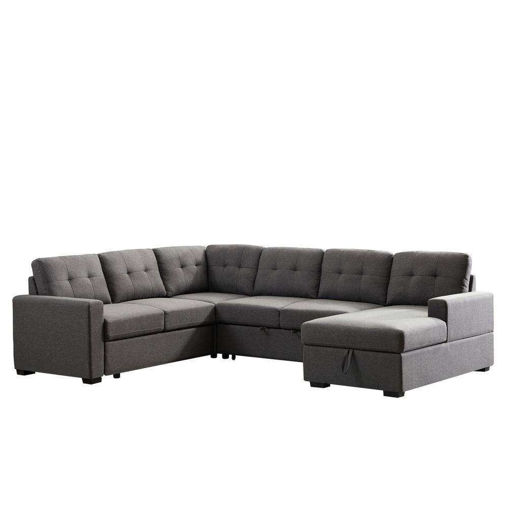 Selene Dark Gray Linen Fabric Sleeper Sectional Sofa with Storage Chaise. Picture 1