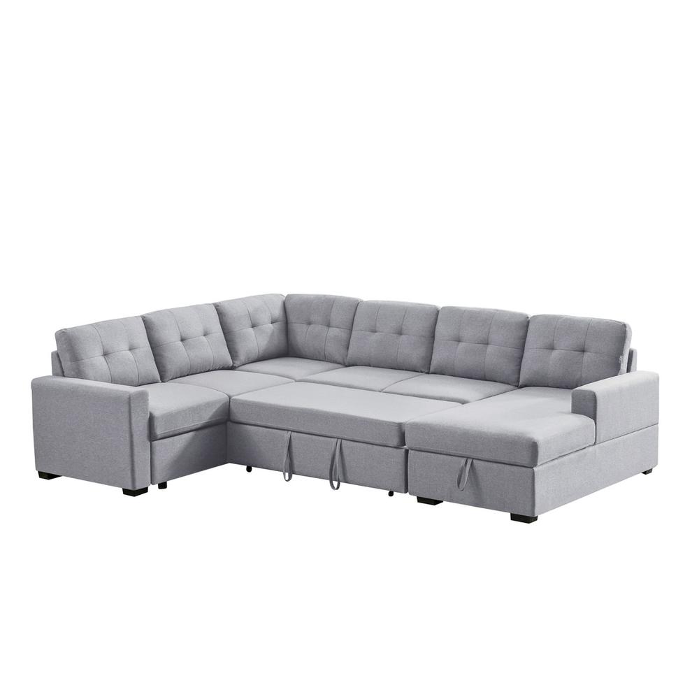 Selene Light Gray Linen Fabric Sleeper Sectional Sofa with Storage Chaise. Picture 5