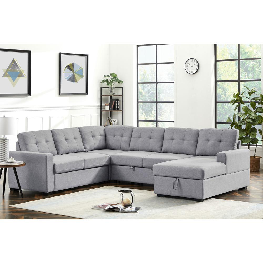 Selene Light Gray Linen Fabric Sleeper Sectional Sofa with Storage Chaise. Picture 2