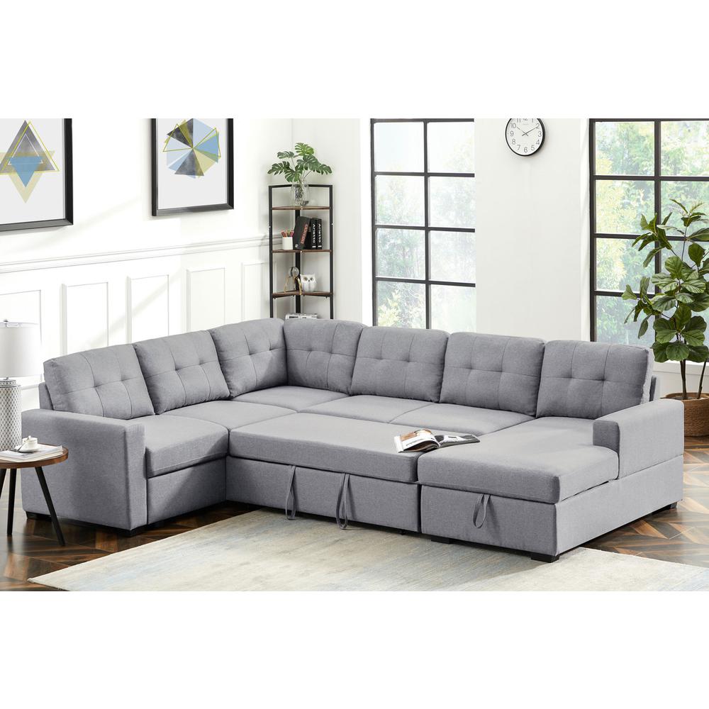 Selene Light Gray Linen Fabric Sleeper Sectional Sofa with Storage Chaise. Picture 3