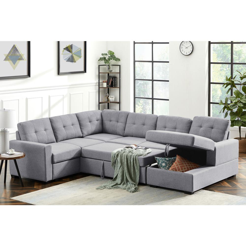 Selene Light Gray Linen Fabric Sleeper Sectional Sofa with Storage Chaise. Picture 4