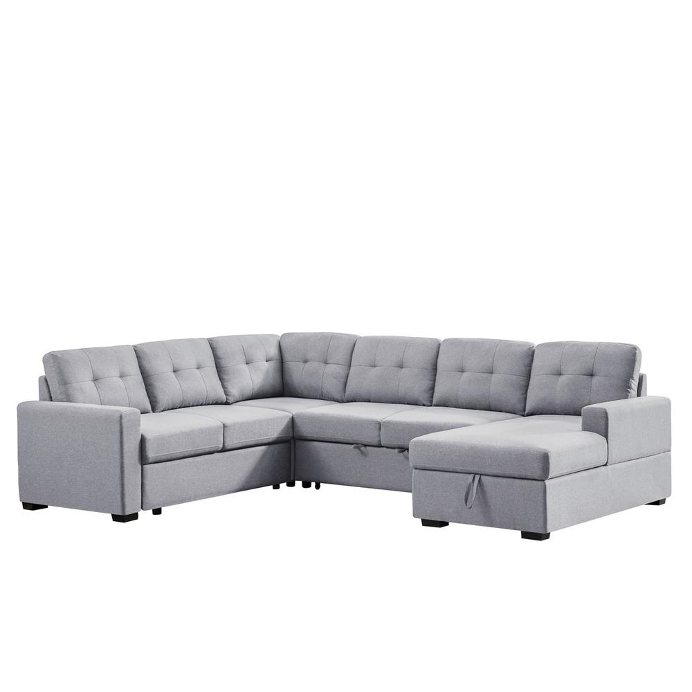 Selene Light Gray Linen Fabric Sleeper Sectional Sofa with Storage Chaise. Picture 1
